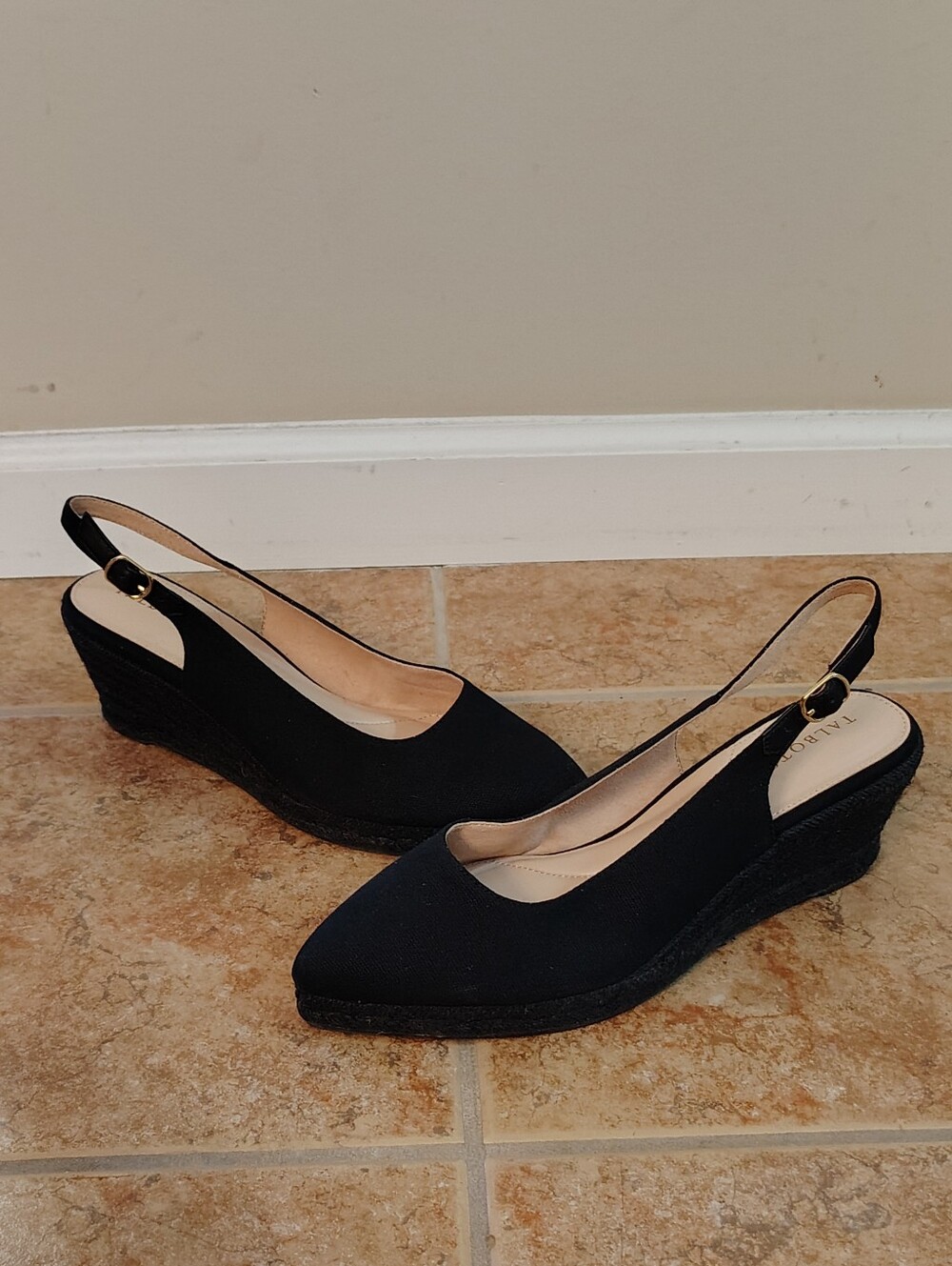 NWT Talbots Black Vivi Slingback Wedge Espadrille Heels